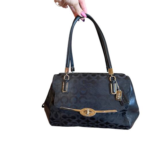 Coach Madison Madeline Satchel Black Turnlock Section Signature ‘C’ Pattern - Picture 1 of 9